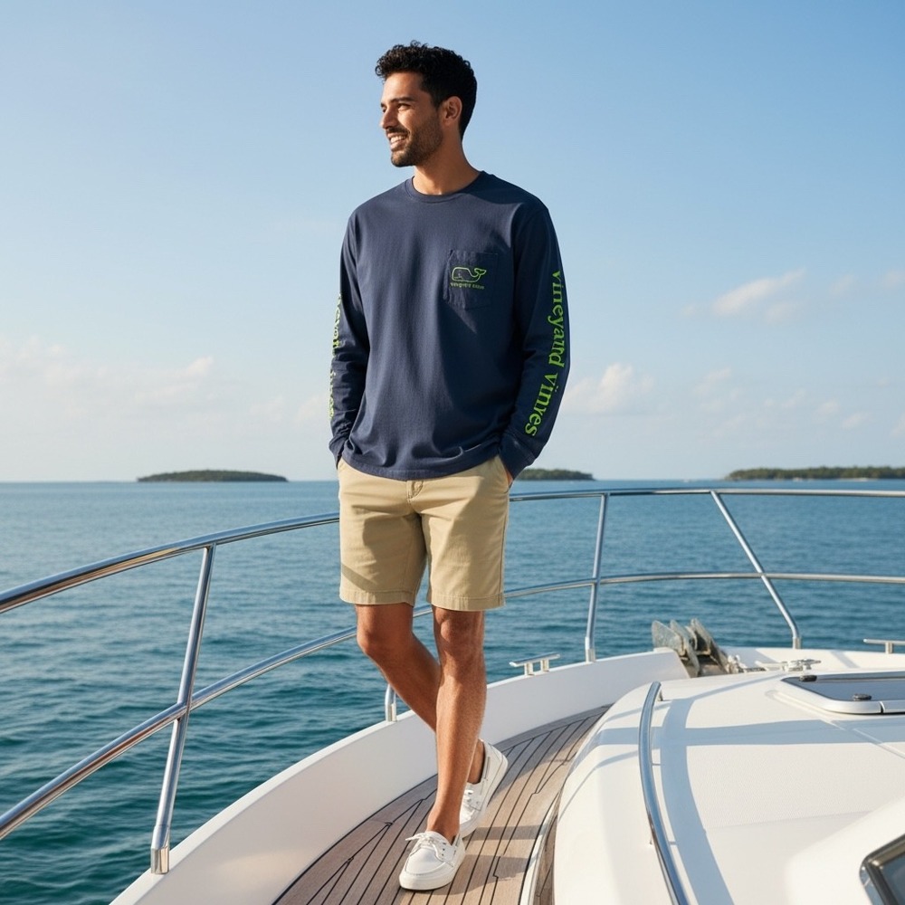Vineyard Vines Mens Navy Blue Neon Whale Long Sleeve Pocket T-Shirt Small